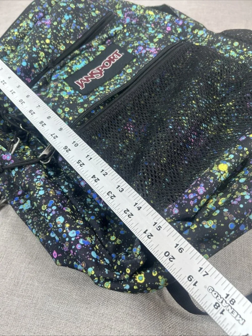 JANSPORT BACKPACK Black with BUBBLE COLORS 5 ZIPPER POUCHES 17” With mesh